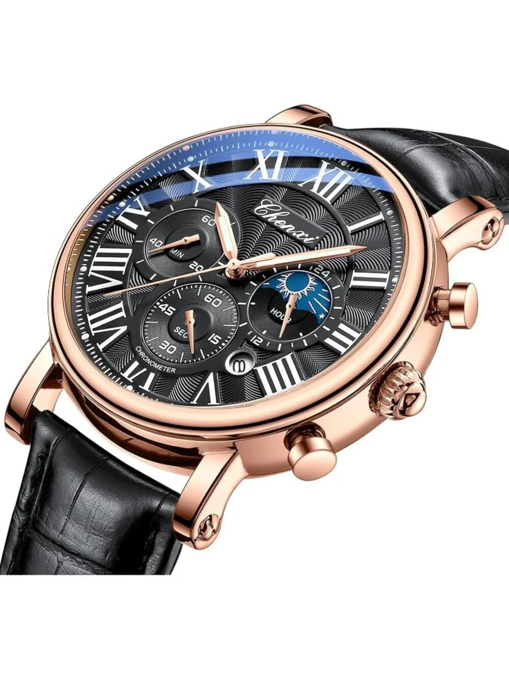 Men's Rose Gold Black Leather Multifunctional Military Analog Chronograph Watch